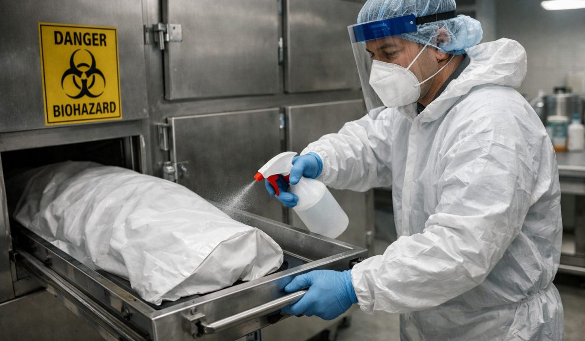 Agent de morgue en tenue de protection désinfectant un tiroir réfrigéré pour éviter les contaminations croisées