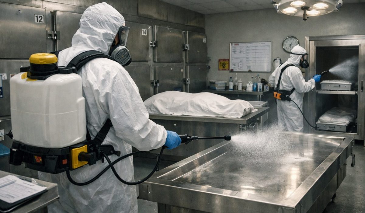 Agents en tenue de protection désinfectant une morgue d’hôpital avec table inox et chambres réfrigérées
