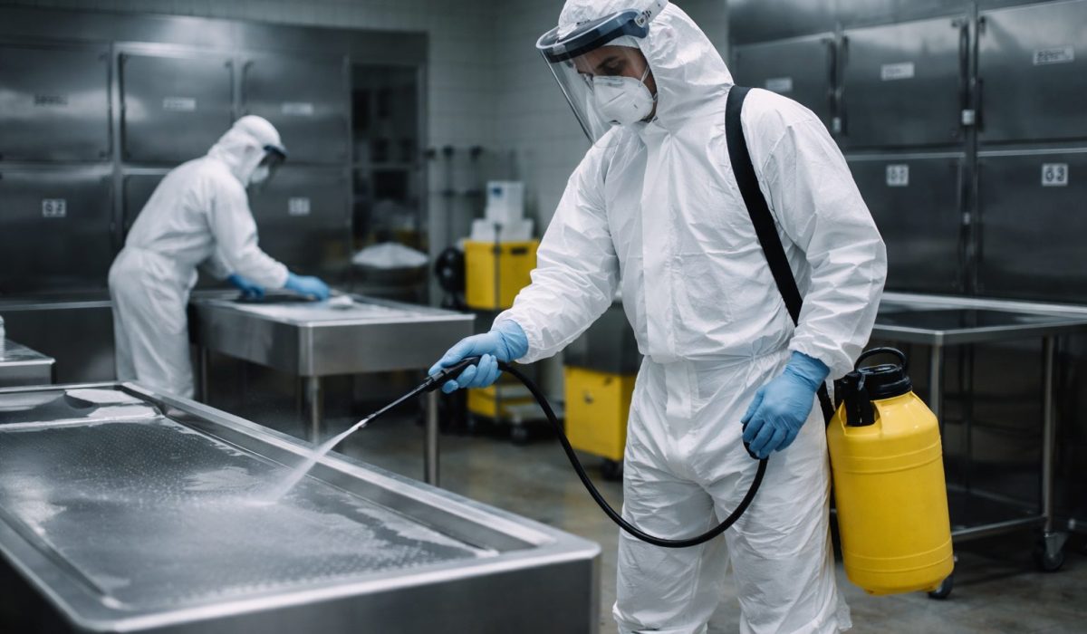 Agent de nettoyage en combinaison de protection, masque, visière et gants désinfectant une table de morgue dans une salle réfrigérée