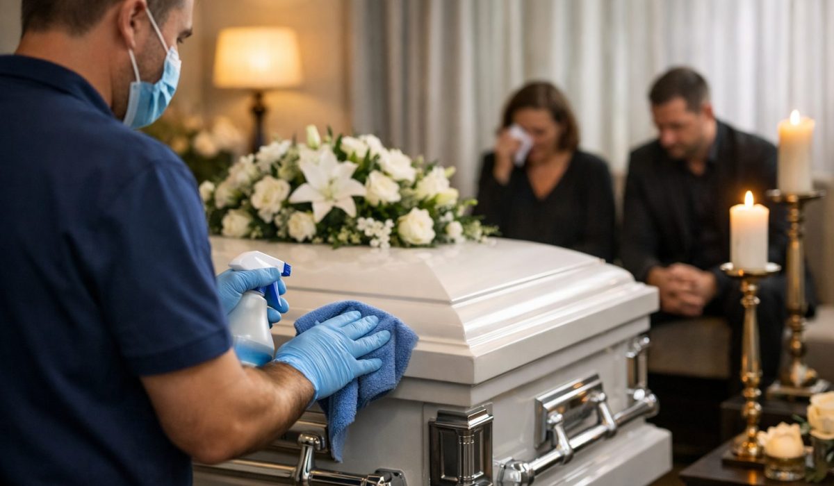 Agent funéraire nettoyant une chambre funéraire soigneusement entretenue pour offrir un environnement propre, digne et rassurant aux proches