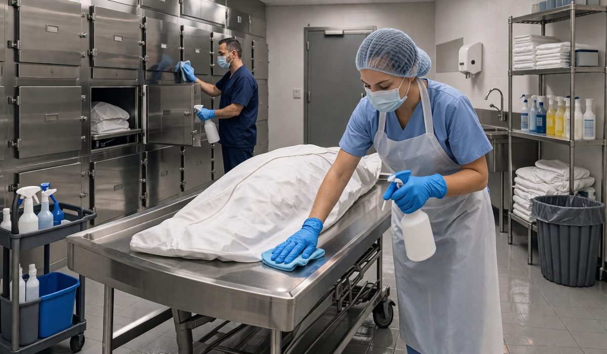 Entretien régulier d’une morgue dans une chambre mortuaire propre et désinfectée