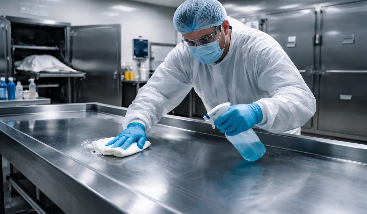 Agent en équipement de protection nettoyant une table en inox dans une morgue avec un produit désinfectant
