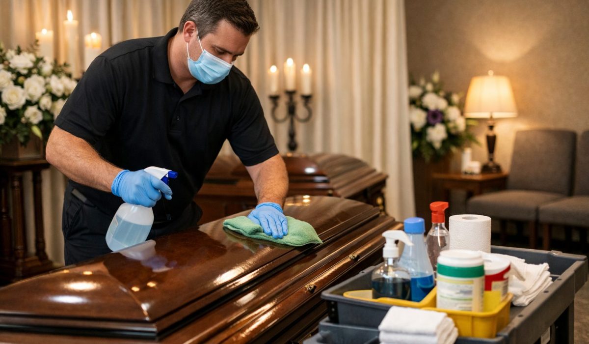 Agent d’entretien nettoyant une chambre funéraire entre deux visites dans un salon de recueillement