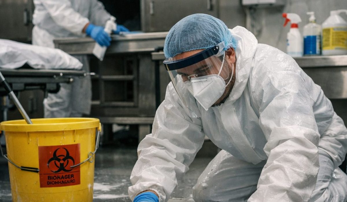 Personnel hospitalier en tenue de protection appliquant les protocoles de nettoyage et de désinfection dans une morgue d’hôpital