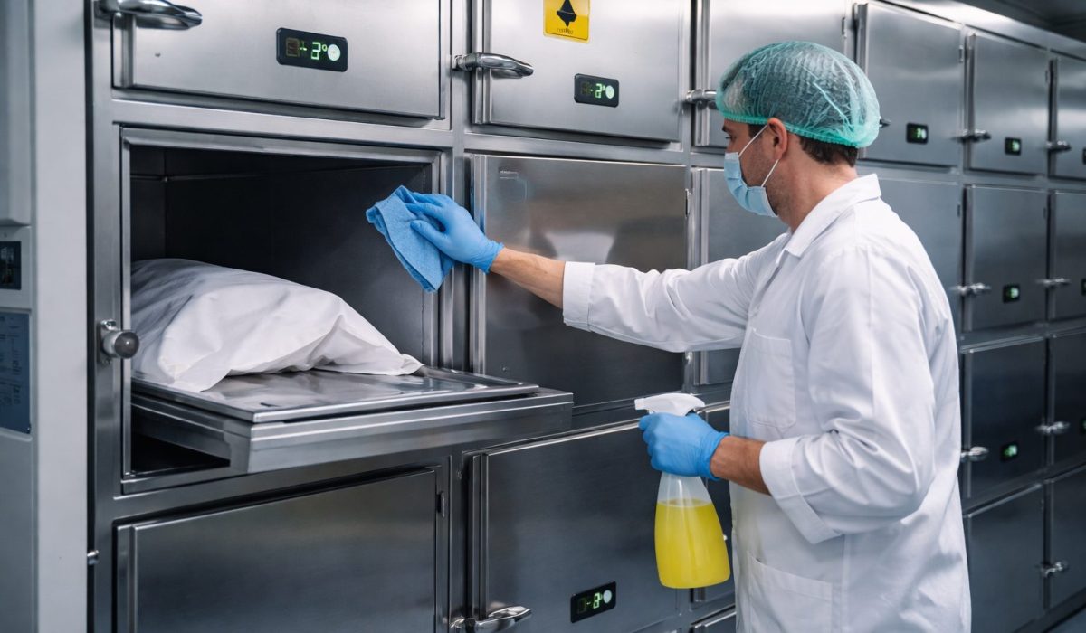 Technicien de morgue nettoyant et désinfectant une chambre froide mortuaire en acier inoxydable