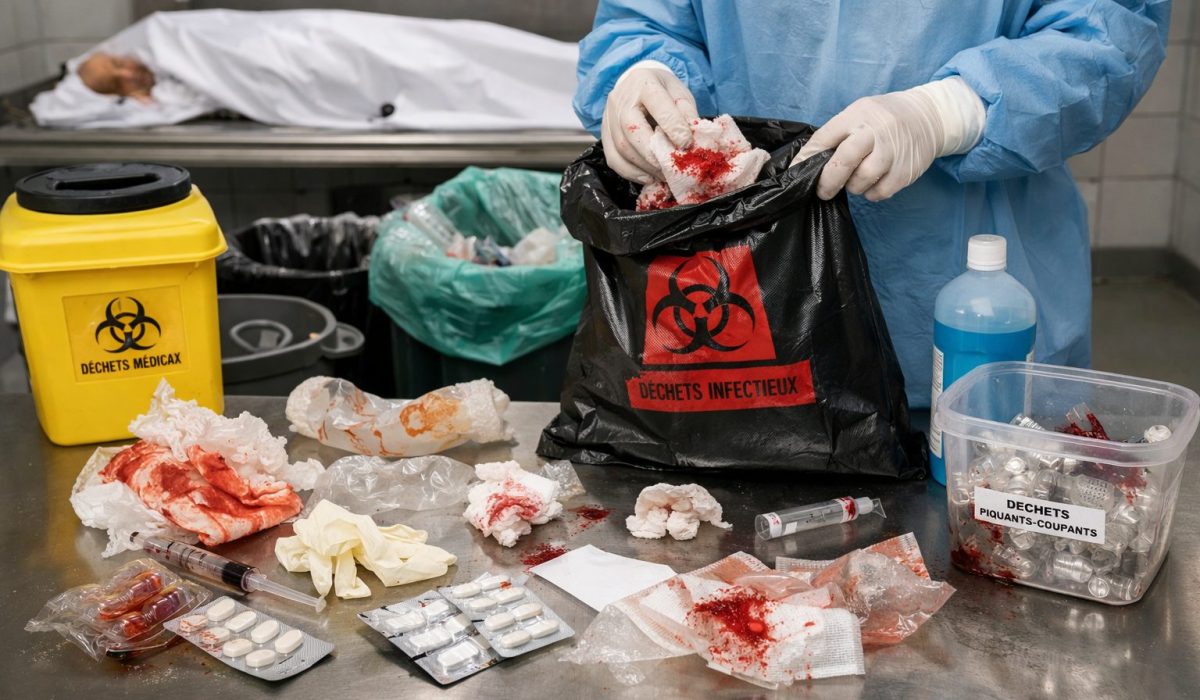Agent spécialisé en nettoyage de chambre mortuaire triant les déchets médicaux et déchets à risques infectieux dans un environnement hospitalier ultra réaliste