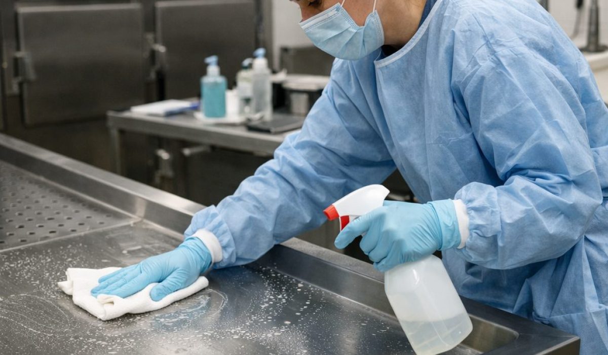 Agent en chambre mortuaire nettoyant et désinfectant une table en inox avec un produit d’entretien