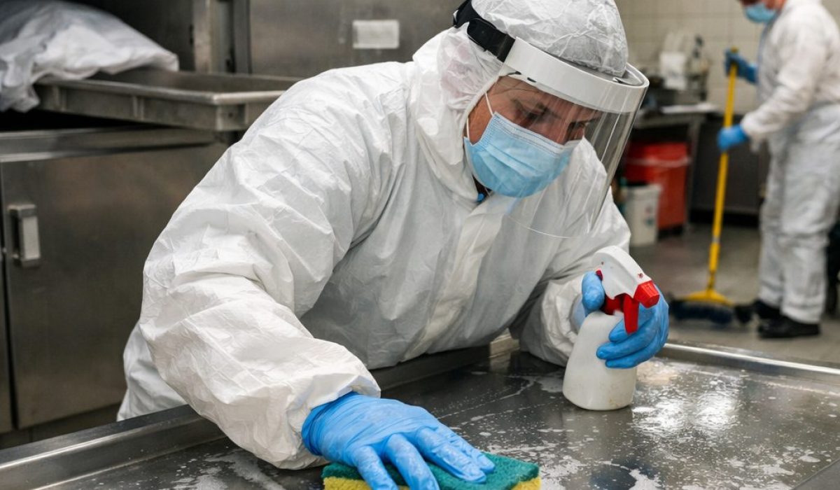 Agent en tenue de protection nettoyant une morgue après un transfert sur une table en inox dans une salle mortuaire désinfectée
