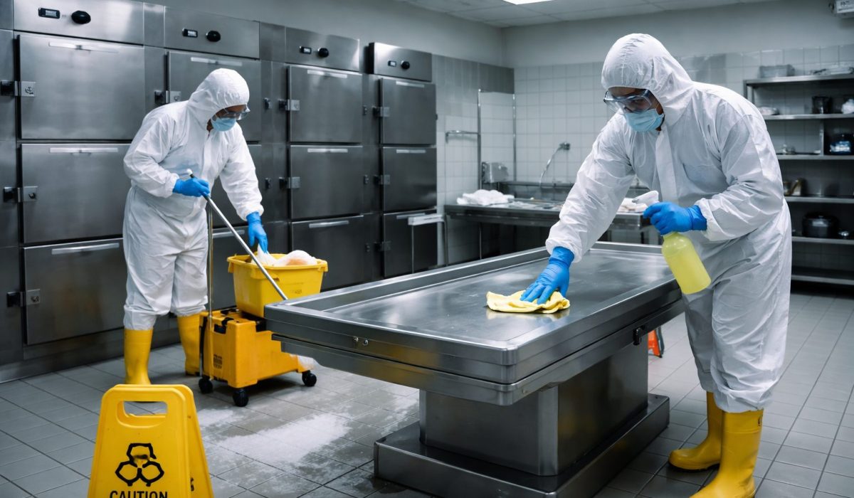 Agents spécialisés en tenue de protection nettoyant une morgue d’hôpital pour garantir l’hygiène, la sécurité sanitaire et le respect des protocoles hospitaliers.