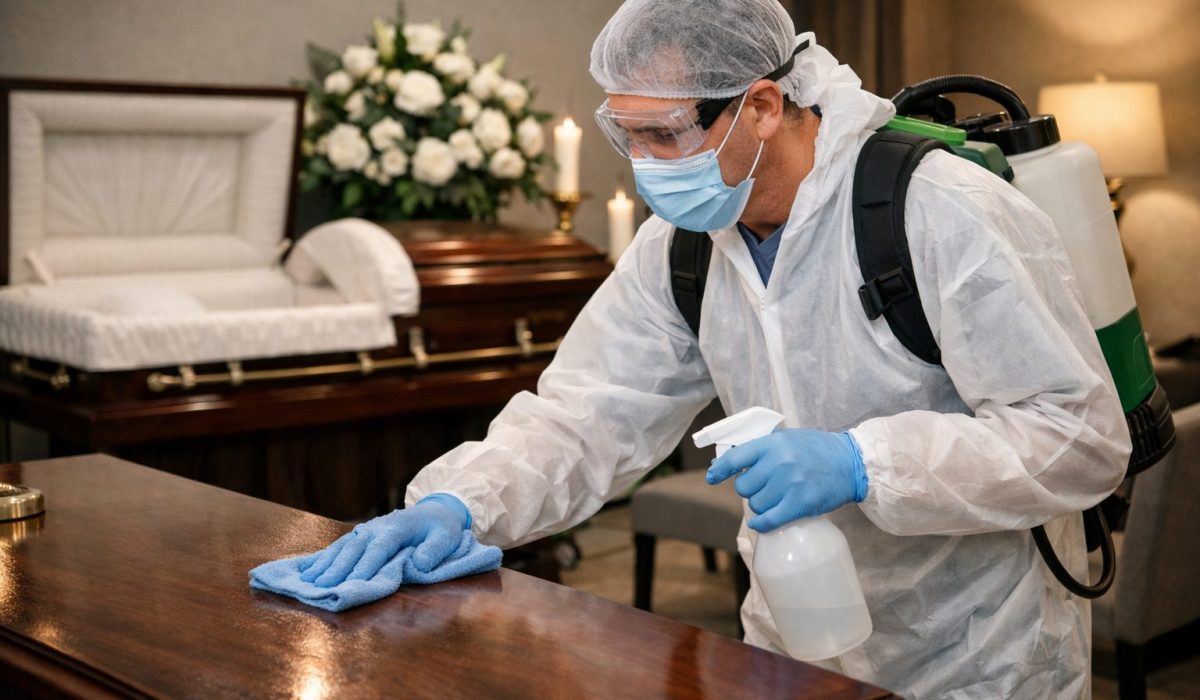 Agent en tenue de protection nettoyant une chambre funéraire selon un protocole d’hygiène strict