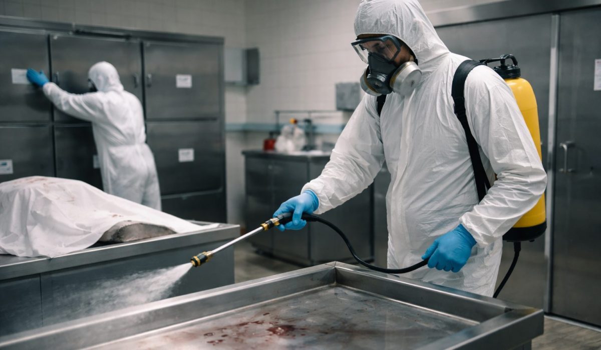 Agent de nettoyage en tenue de protection désinfectant une morgue selon un protocole sanitaire strict