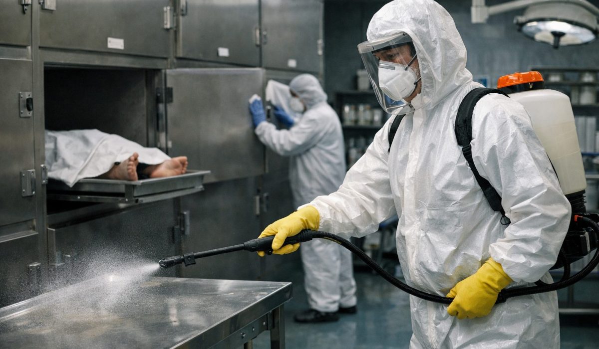 Personnel hospitalier en tenue de protection réalisant la désinfection d’une morgue pour limiter les risques biologiques