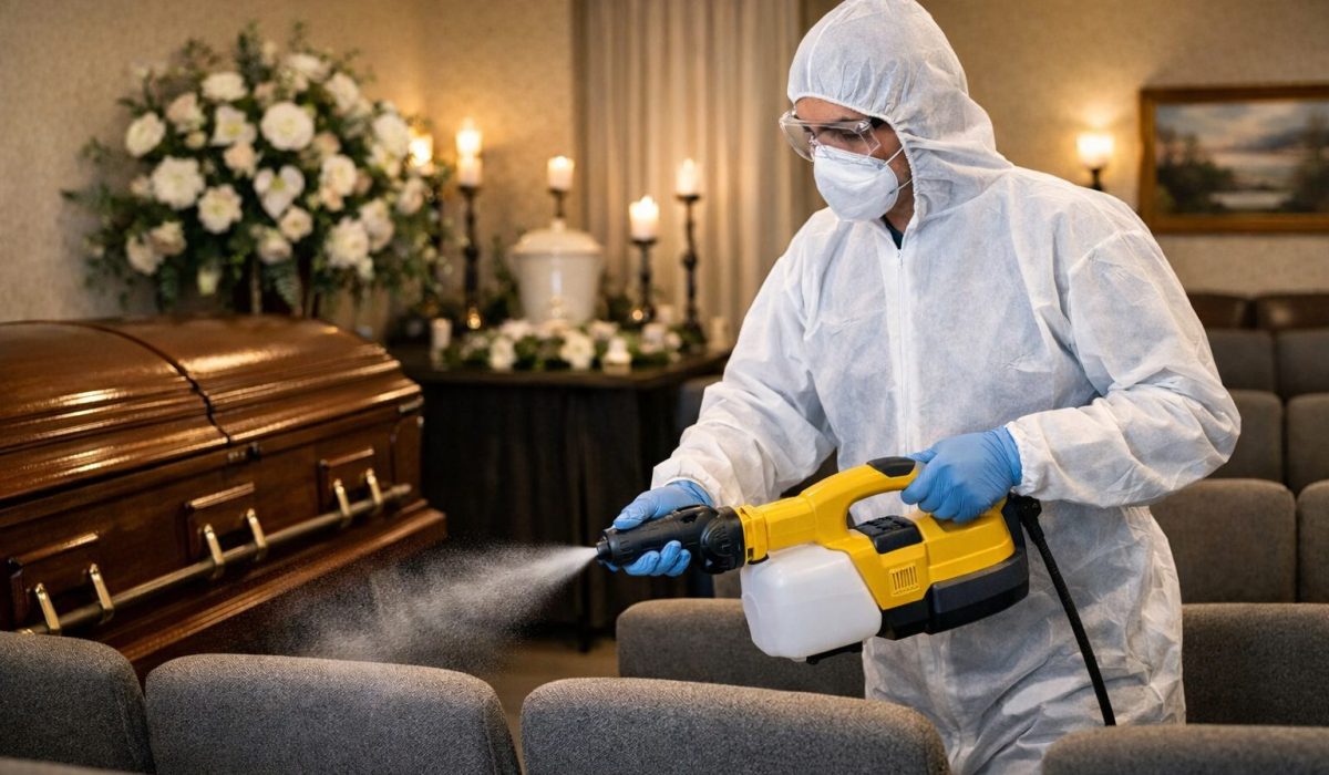 Professionnel en tenue de protection désinfectant les sièges d’un salon de chambre funéraire près d’un cercueil