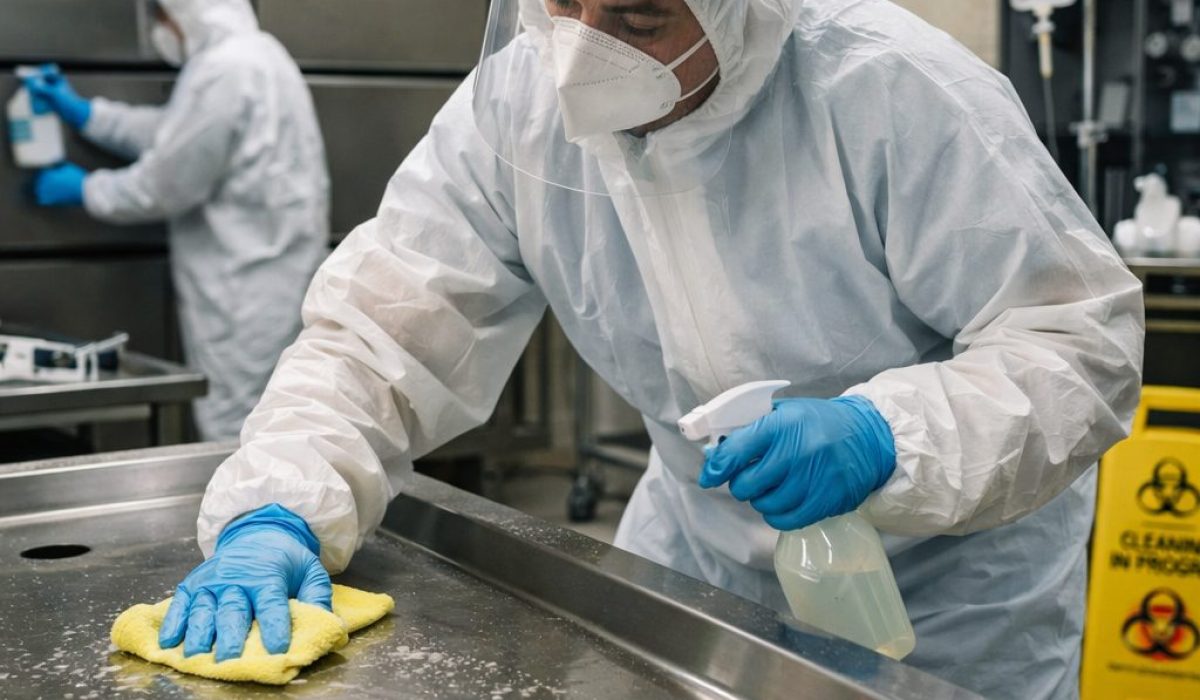 Agent en tenue de protection nettoyant une chambre mortuaire selon un protocole strict de désinfection