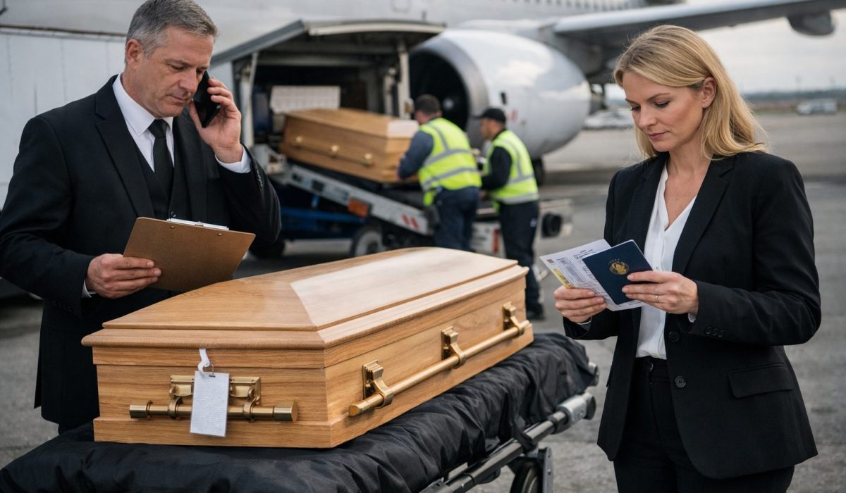 Pompes funèbres organisant un rapatriement funéraire avec cercueil, documents administratifs et transport spécialisé