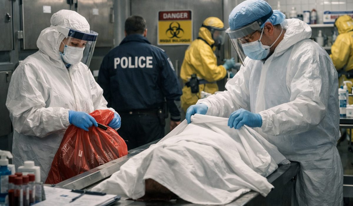 Personnel de morgue en équipement de protection gérant un incident sanitaire dans une salle sécurisée.