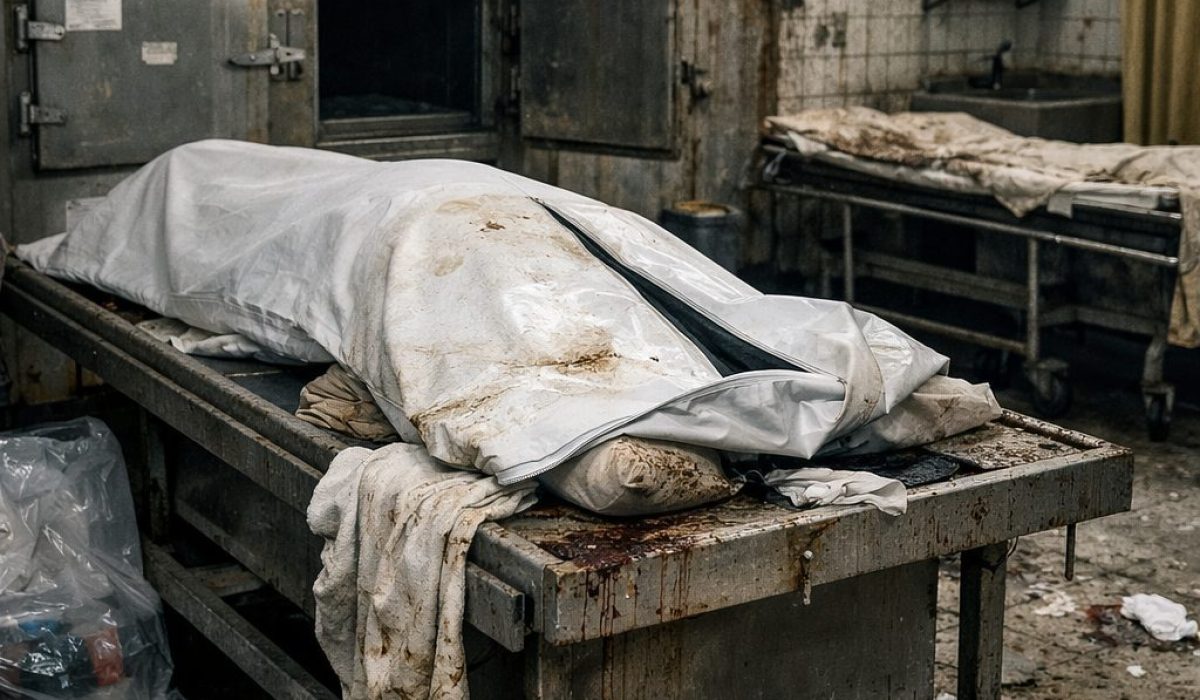 Chambre mortuaire mal entretenue dans un hôpital illustrant une mauvaise hygiène et un impact négatif sur l’image de l’établissement