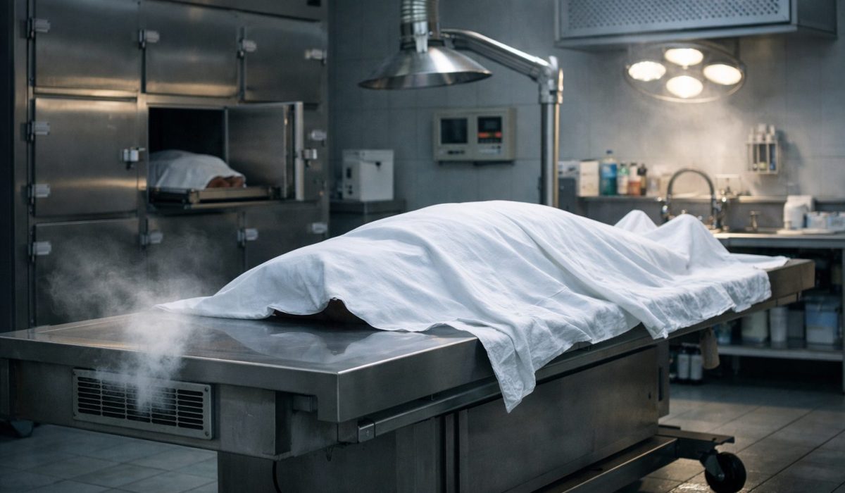 Chambre mortuaire professionnelle avec table réfrigérée, ventilation technique et espace de conservation limitant les odeurs