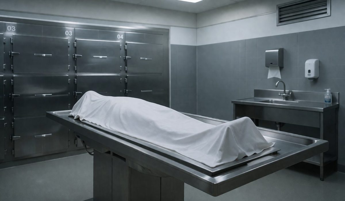 Salle de morgue propre et stérile avec table mortuaire en inox, illustrant l’importance d’un espace sans odeur persistante