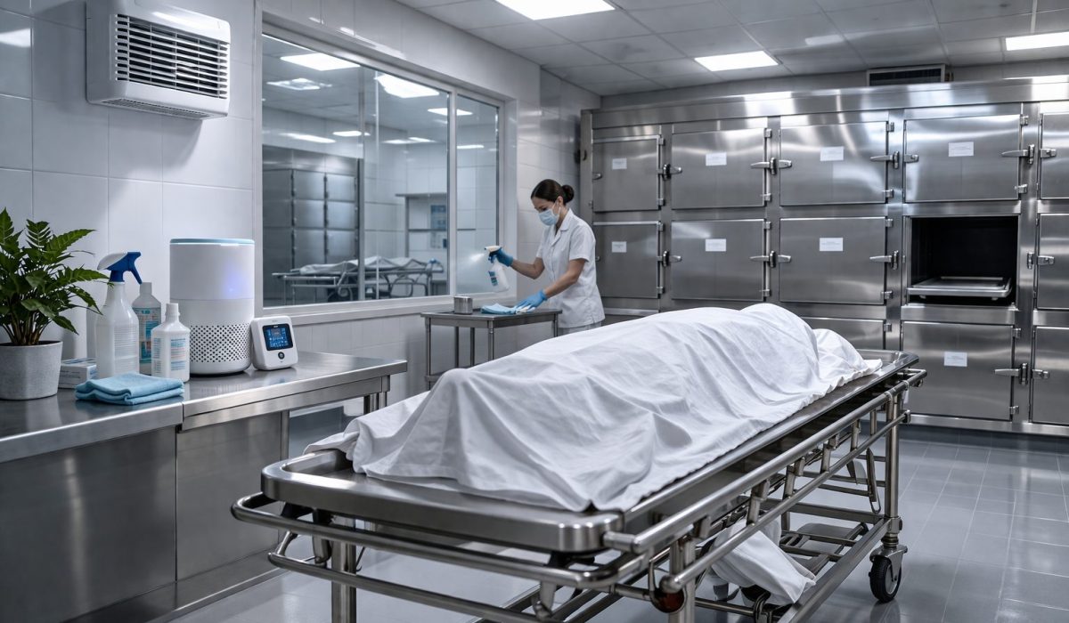Salle de morgue propre, ventilée et parfaitement entretenue pour garantir un environnement sans odeur persistante