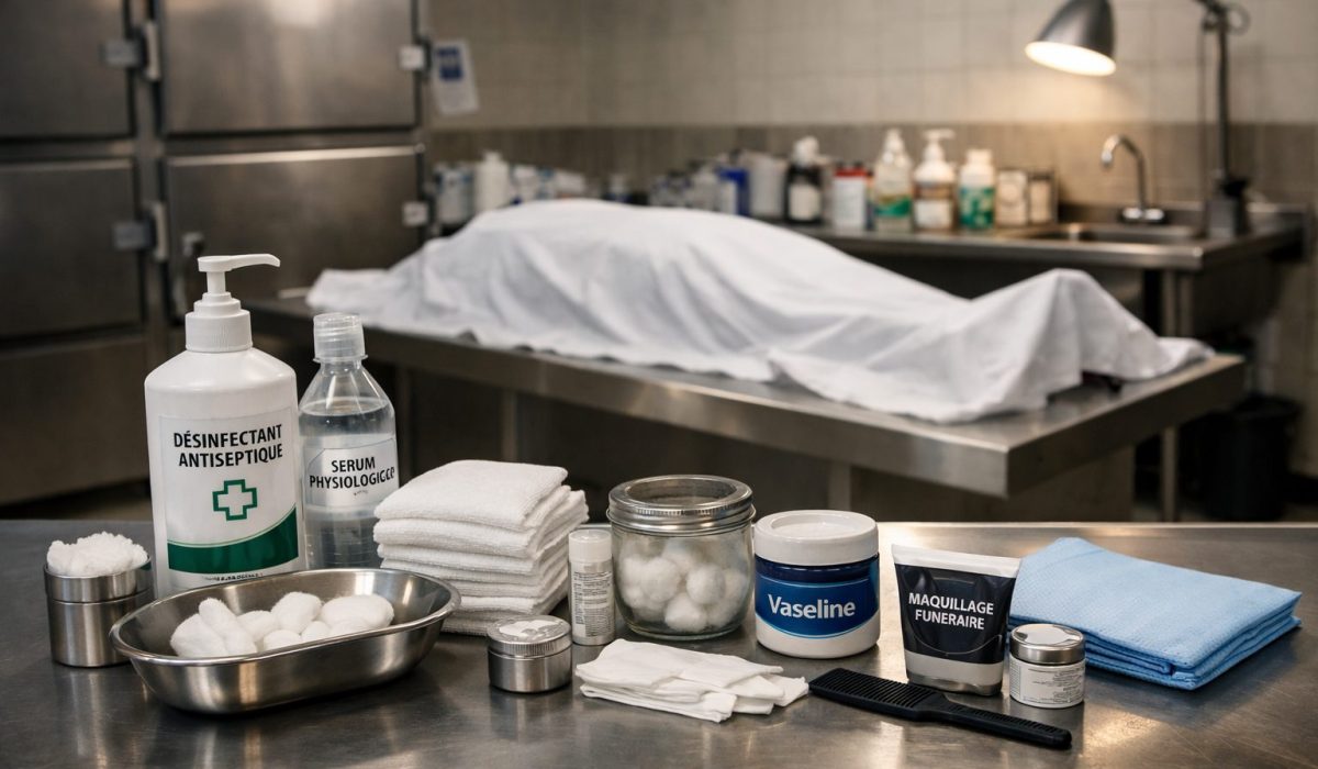 Illustration réaliste de produits autorisés en chambre mortuaire avec table de préparation, linge, coton, sérum physiologique et produits de présentation funéraire