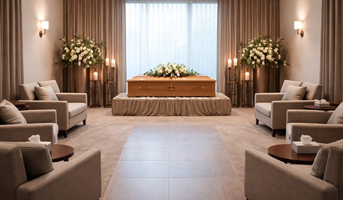 Salon de recueillement dans une chambre funéraire avec cercueil, fleurs blanches et fauteuils dans une ambiance apaisée