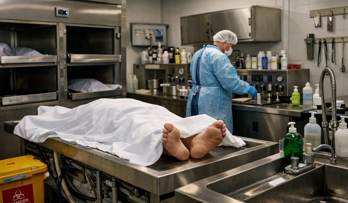 Vue ultra réaliste d’une chambre mortuaire montrant ses zones techniques avec table de préparation, espace de conservation réfrigéré, équipement d’hygiène et personnel en tenue de protection.