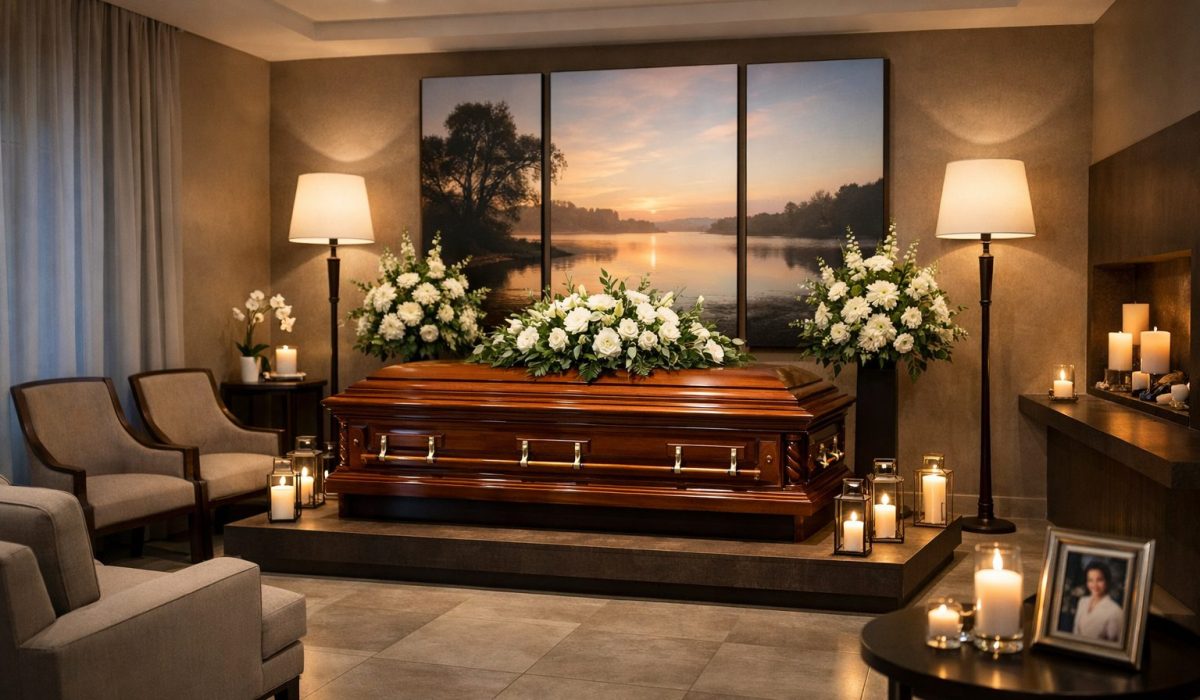 Chambre funéraire bien tenue avec espace de recueillement soigné, éclairage doux et présentation digne pour valoriser l’image des pompes funèbres