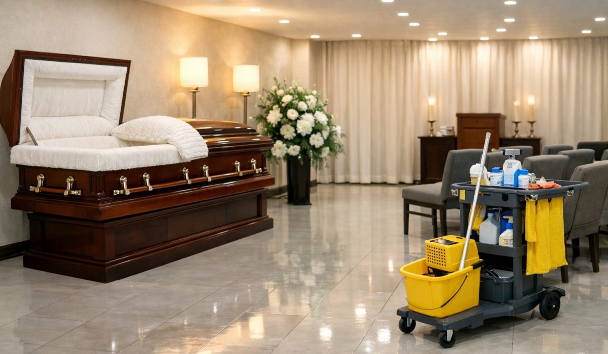 Chambre funéraire parfaitement propre avec espace de recueillement soigné et matériel d’entretien visible