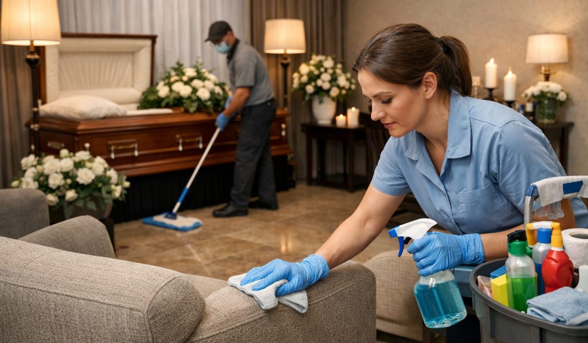 Chambre funéraire propre et soigneusement entretenue, préparée pour accueillir les familles dans un cadre calme et respectueux