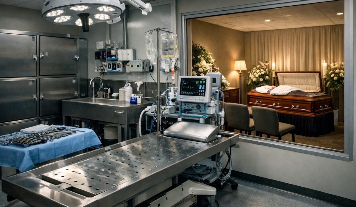 Salle technique de chambre mortuaire d’hôpital avec équipements médicaux face à une chambre funéraire plus apaisée