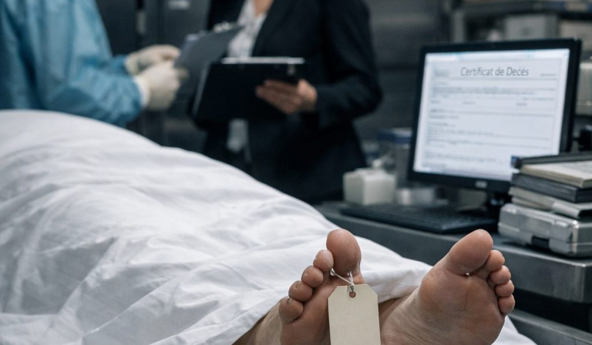 Morgue hospitalière illustrant le parcours administratif du décès avec personnel médical, documents et corps couvert sur un chariot.
