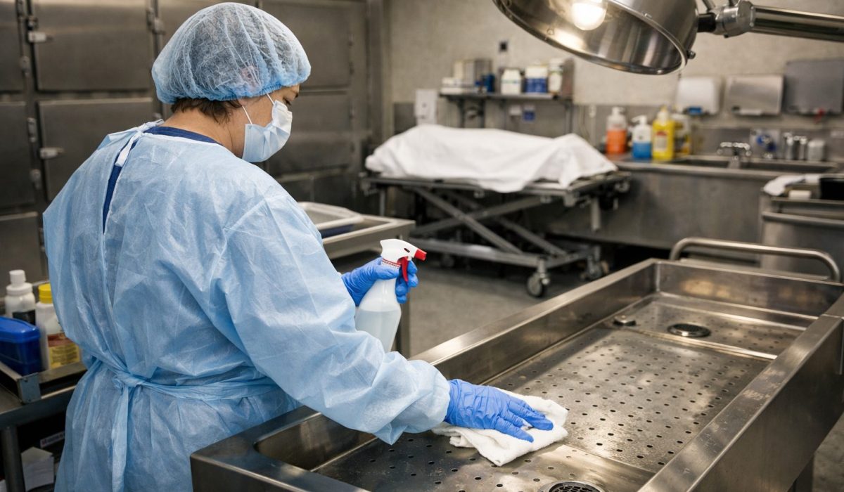 Agent en tenue de protection nettoyant une chambre mortuaire dans le cadre de l’entretien quotidien et de l’hygiène des locaux