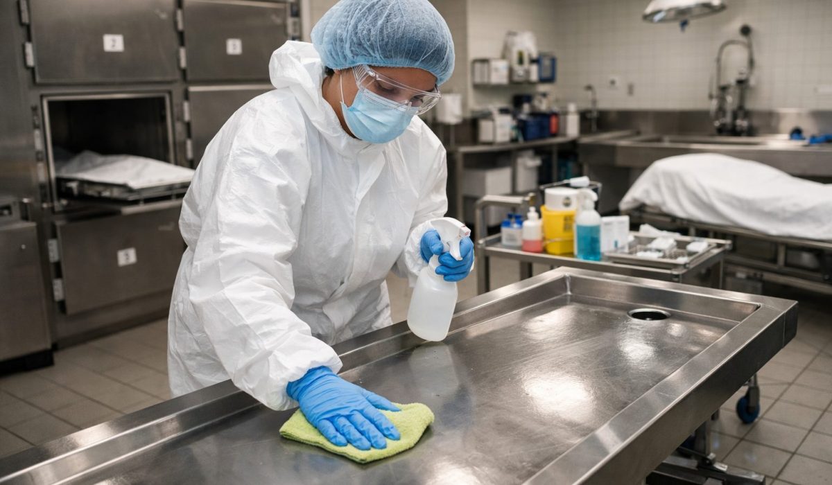 Agent de propreté en tenue de protection nettoyant une table en inox dans une chambre mortuaire hospitalière