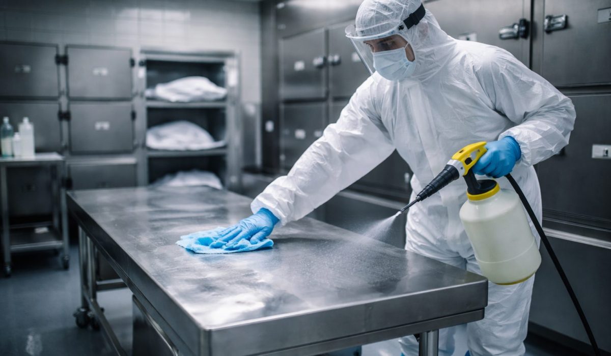 Agent en tenue de protection désinfectant une table de morgue en inox après un passage dans une salle mortuaire professionnelle