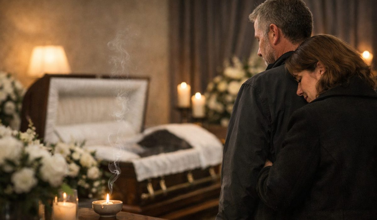 Famille en recueillement dans une chambre funéraire à l’ambiance sobre et apaisante